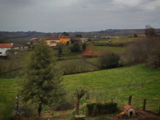 Paisaje rural con campos verdes, casas dispersas y un cielo nublado.